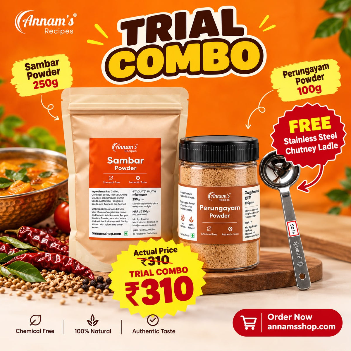 Annam's Sambar Powder and Perungayam Trial Combo with free stainless steel chutney ladle – image 4