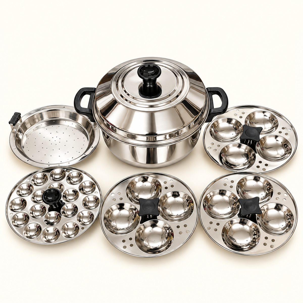 Annam's 12 Idli Pot with Steamer Plate in stainless steel – three idli plates of 4 idlis each, one steamer plate and one mini idli plate, five plates in total