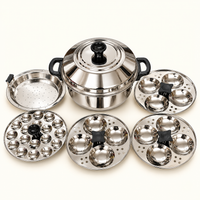 Annam's 12 Idli Pot with Steamer Plate in stainless steel – three idli plates of 4 idlis each, one steamer plate and one mini idli plate, five plates in total