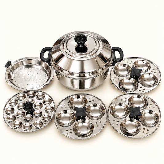 Annam's 12 Idli Pot with Steamer Plate in stainless steel – three idli plates of 4 idlis each, one steamer plate and one mini idli plate, five plates in total