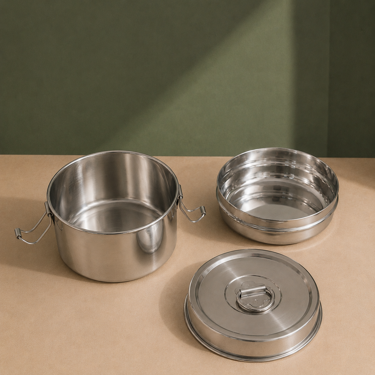 Round Deep Lunch Box with Side Container & Lock Lid - Stainless Steel