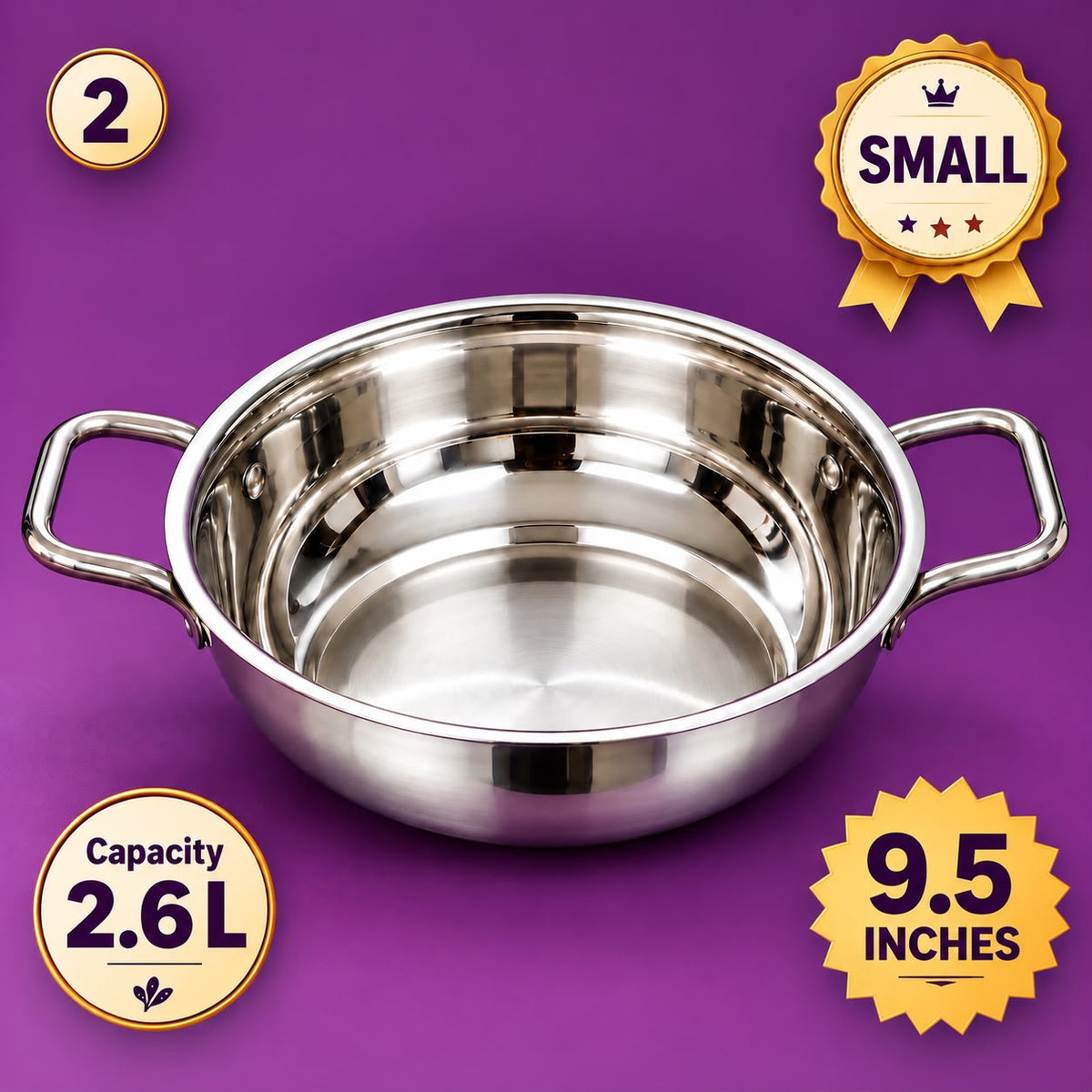  9.5 inch 2 litre 18G stainless steel kadai