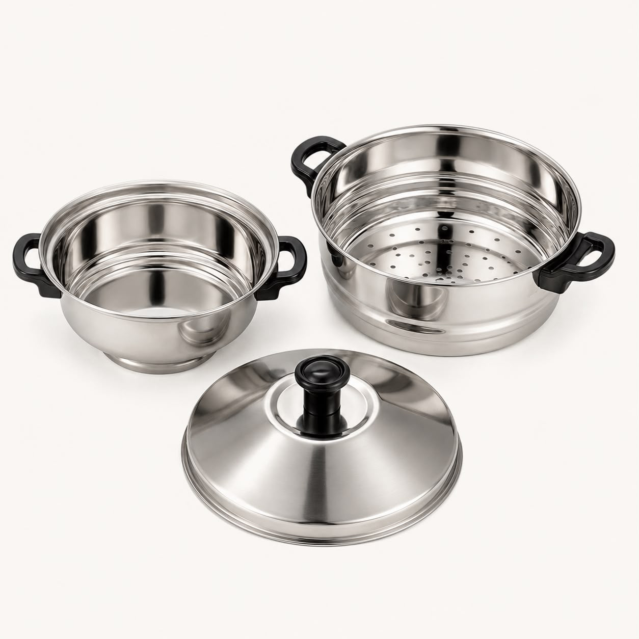 Open view of the 2 Tier stainless steel steamer showing the base pot, steaming tray and lid.