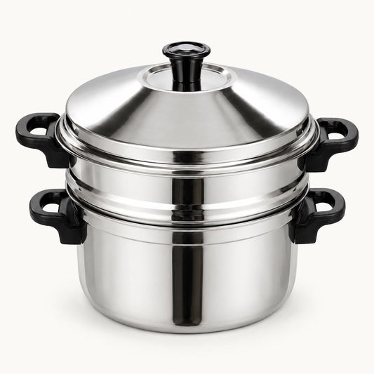 2 Tier stainless steel steamer with lid for healthy everyday cooking.
