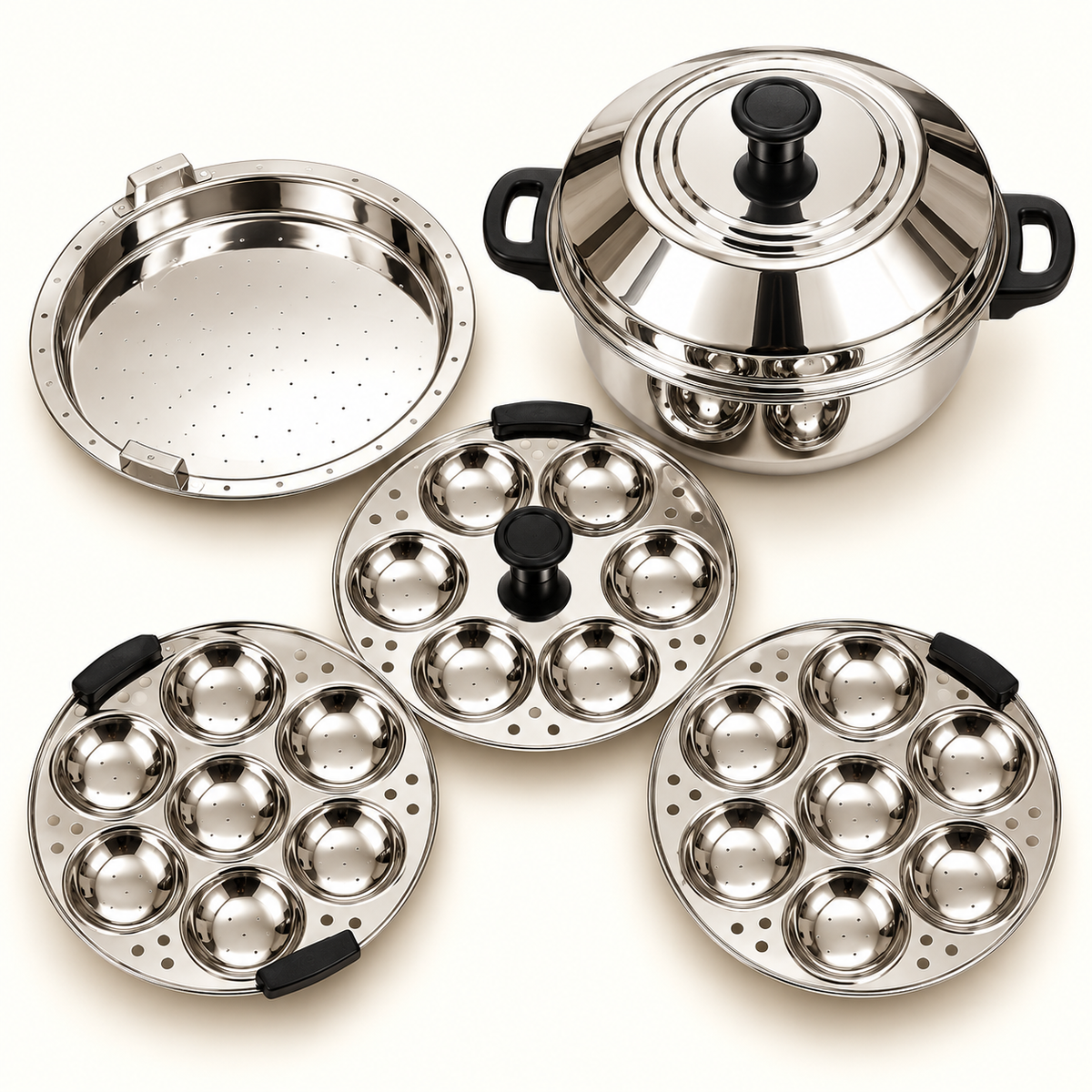 Annam's 21 Idli Pot with Steamer Plate – complete set: pot, lid, three idli plates of 7 and steamer plate