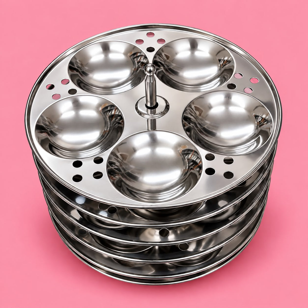   Alt text: 30 Idli stainless steel cooker with six stacked idli plates