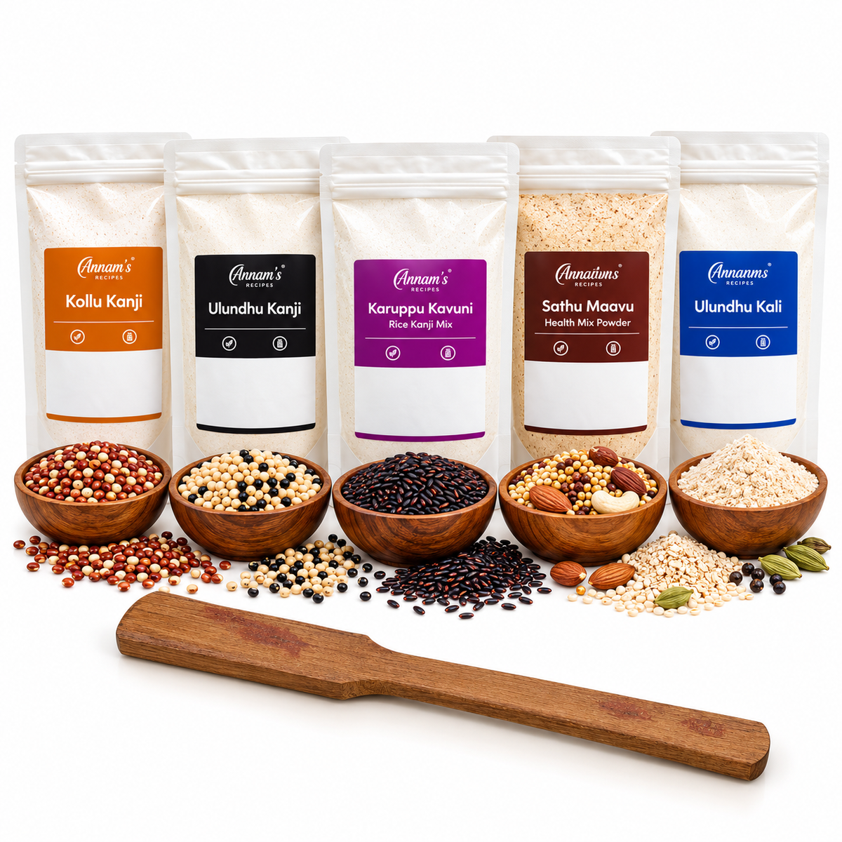 Annam's 5 in 1 Kanji Pack – five traditional kanji mixes, 250 g each (1.25 kg), with a Chettinad teak wood thuduppu