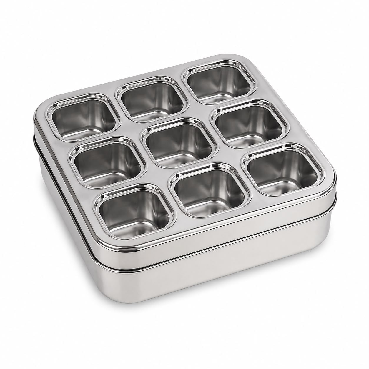 9 Cup Square Stainless Steel Masala Box with See-Through Lid
