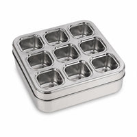 9 Cup Square Stainless Steel Masala Box with See-Through Lid
