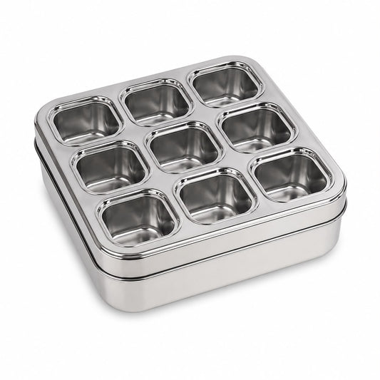 9 Cup Square Stainless Steel Masala Box with See-Through Lid
