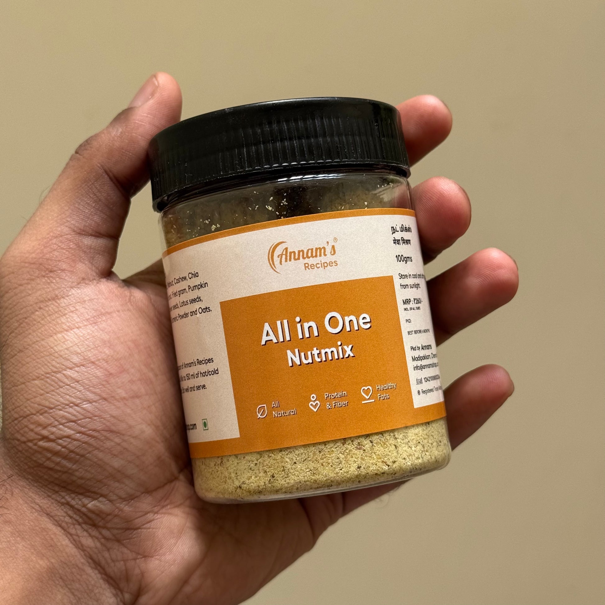 A wholesome nut mix powder featuring almonds, pista, walnuts, cashews, chia seeds, oats, and super seeds in an airtight package.