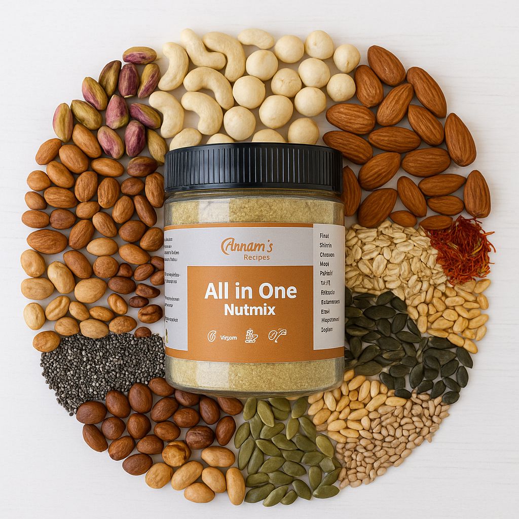 Premium jar of All-in-One Nut Mix Powder surrounded by almonds, pista, walnuts, cashews, chia seeds, pumpkin seeds, sunflower seeds, oats, and saffron on a white background.