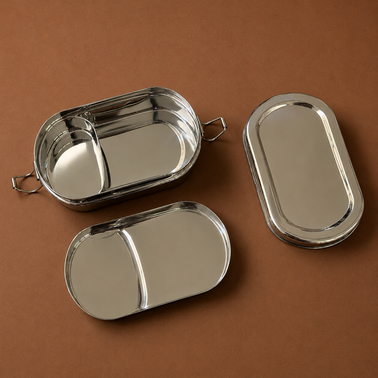Bento Style Tiffin Box with Partition Plate & Clip Lock Lid - Stainless Steel
