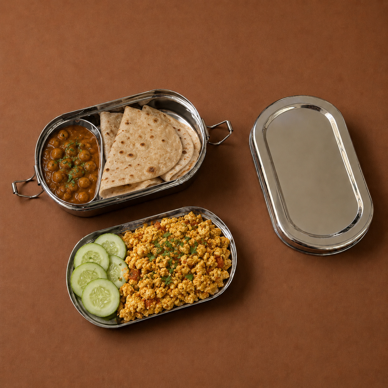Bento Style Tiffin Box with Partition Plate & Clip Lock Lid - Stainless Steel