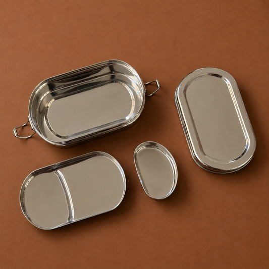 Bento Style Tiffin Box with Partition Plate & Clip Lock Lid - Stainless Steel