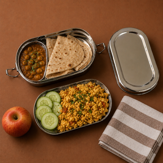 Bento Style Tiffin Box with Partition Plate & Clip Lock Lid - Stainless Steel