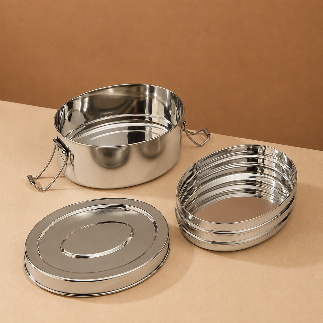 Oval Lunch Box with 2 Containers & Clip Lock Lid - Stainless Steel
