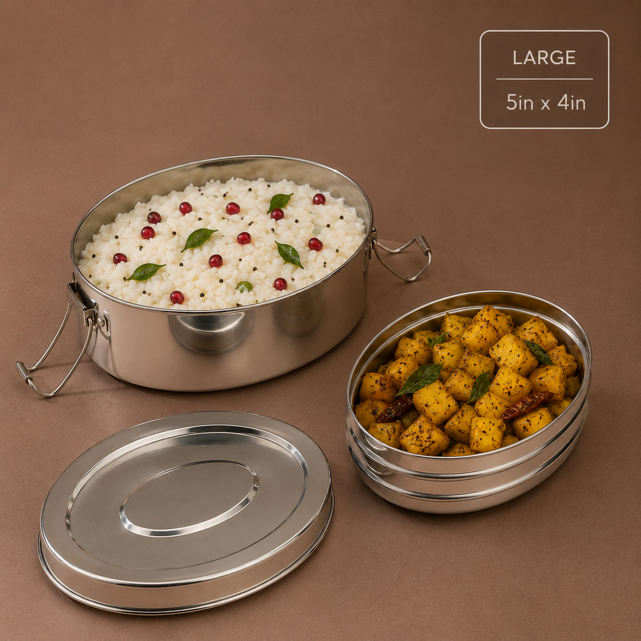 Oval Lunch Box with 2 Containers & Clip Lock Lid - Stainless Steel