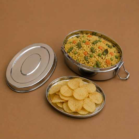 Compact Oval Lunch Box with Snack Plate & Clip Lock Lid - Stainless Steel