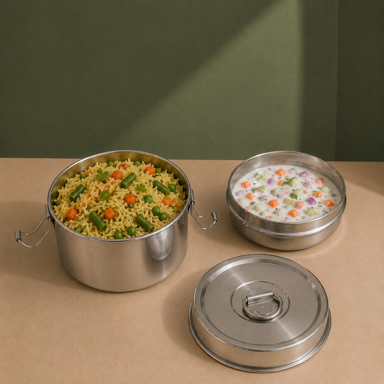 Round Deep Lunch Box with Side Container & Lock Lid - Stainless Steel