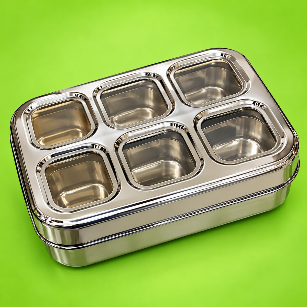 4 Cup Square Stainless Steel Masala Box with See-Through Lid | Indian Spice Dabba