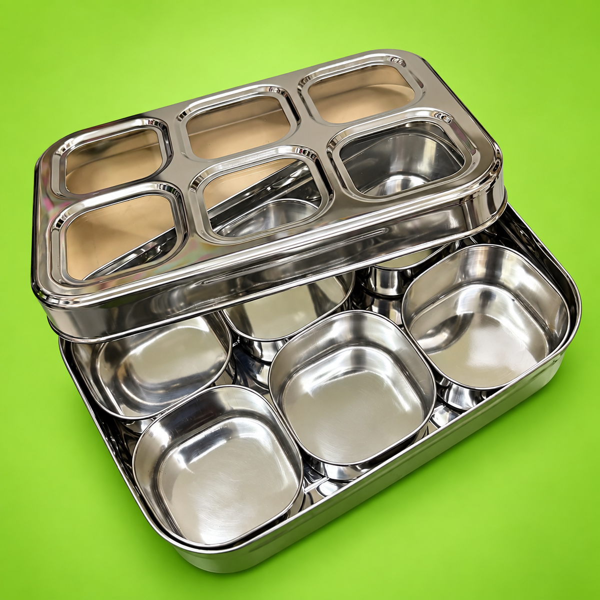 4 Cup Square Stainless Steel Masala Box with See-Through Lid | Indian Spice Dabba