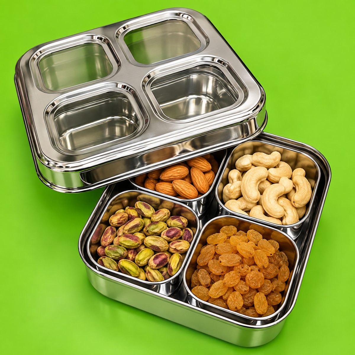 4 Cup Square Stainless Steel Masala Box with See-Through Lid | Indian Spice Dabba