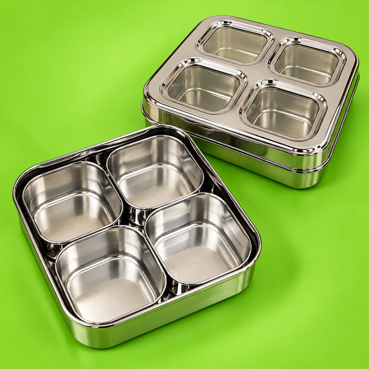 4 Cup Square Stainless Steel Masala Box with See-Through Lid | Indian Spice Dabba
