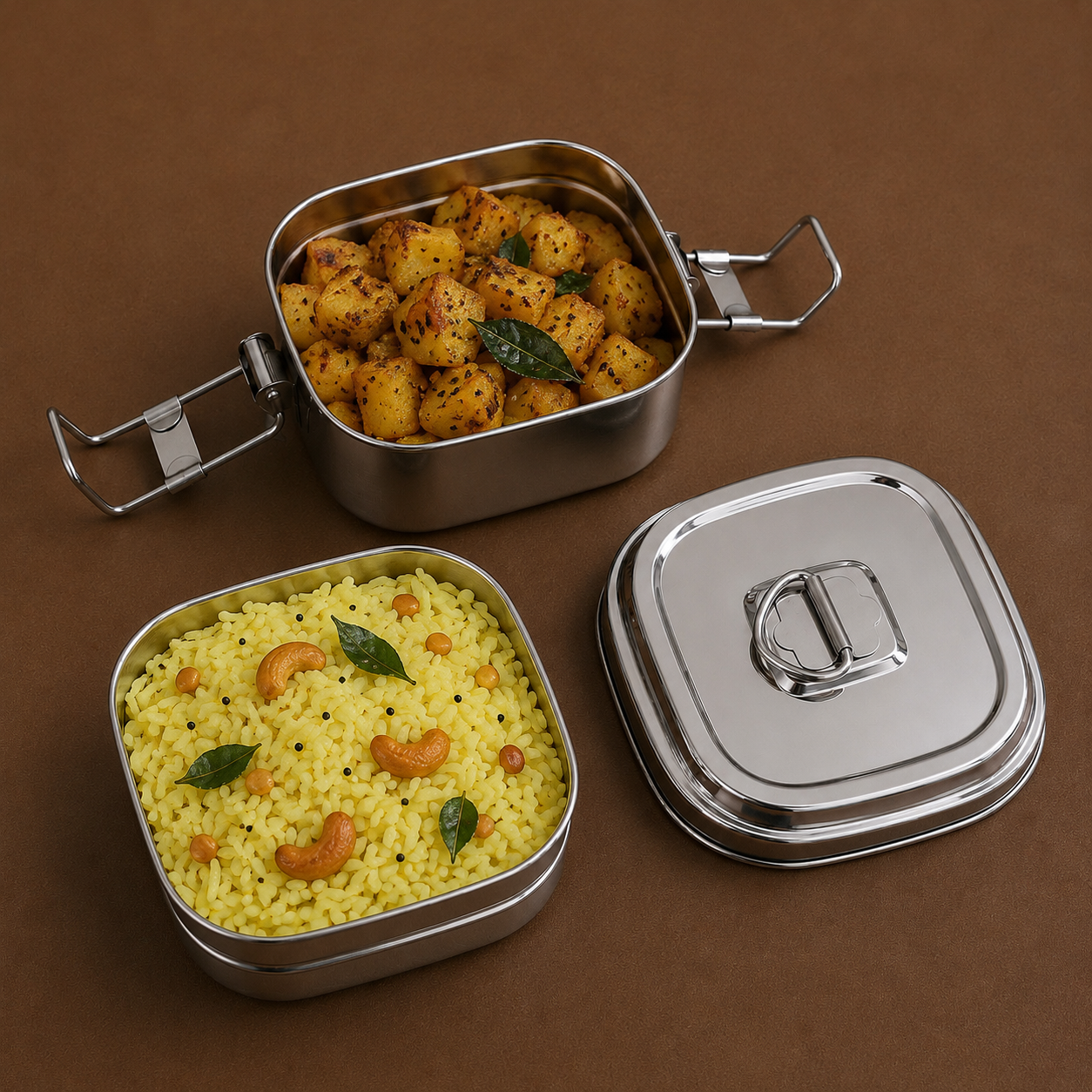 Square Lunch Box with 2 Containers & Lock Lid - Stainless Steel