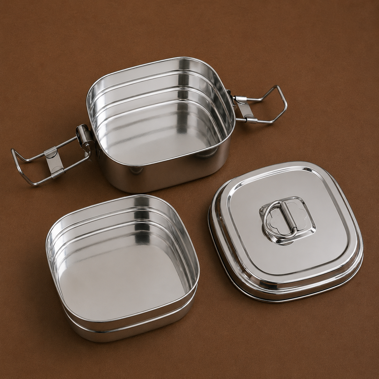Square Lunch Box with 2 Containers & Lock Lid - Stainless Steel