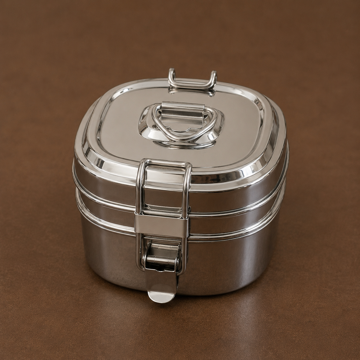 Square Lunch Box with 2 Containers & Lock Lid - Stainless Steel