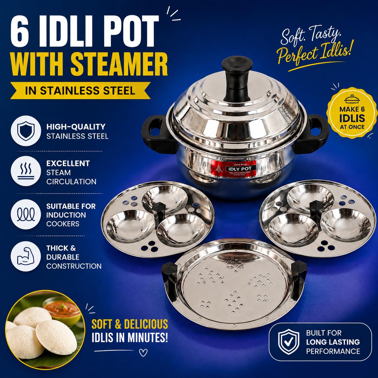 6 IDLI POT with Steamer in Stainless Steel