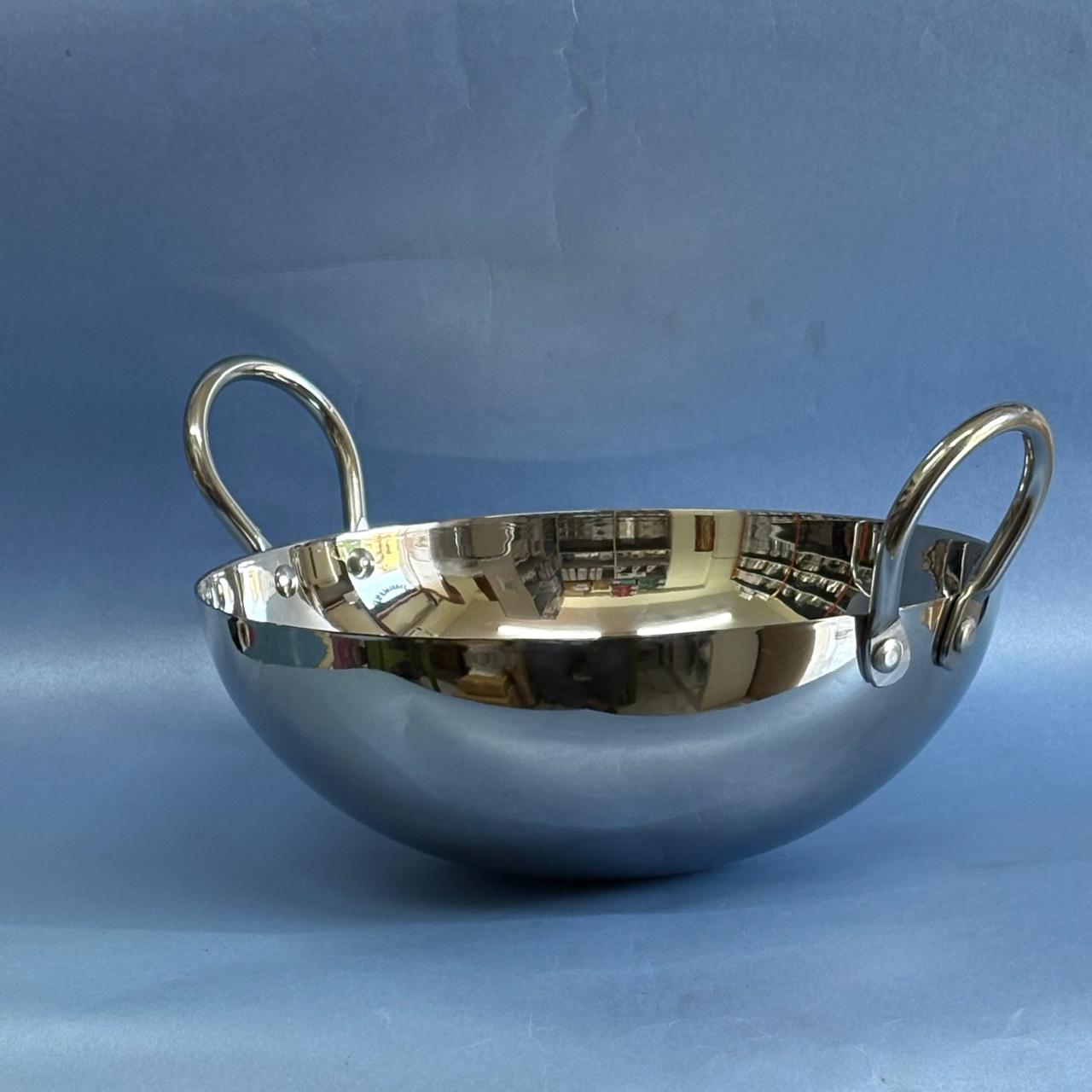 Round bottom, deep Kadai in stainless steel