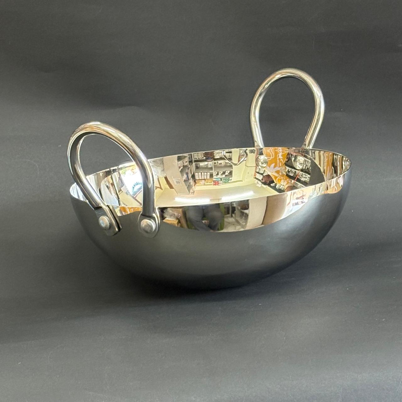 Round bottom, deep Kadai in stainless steel