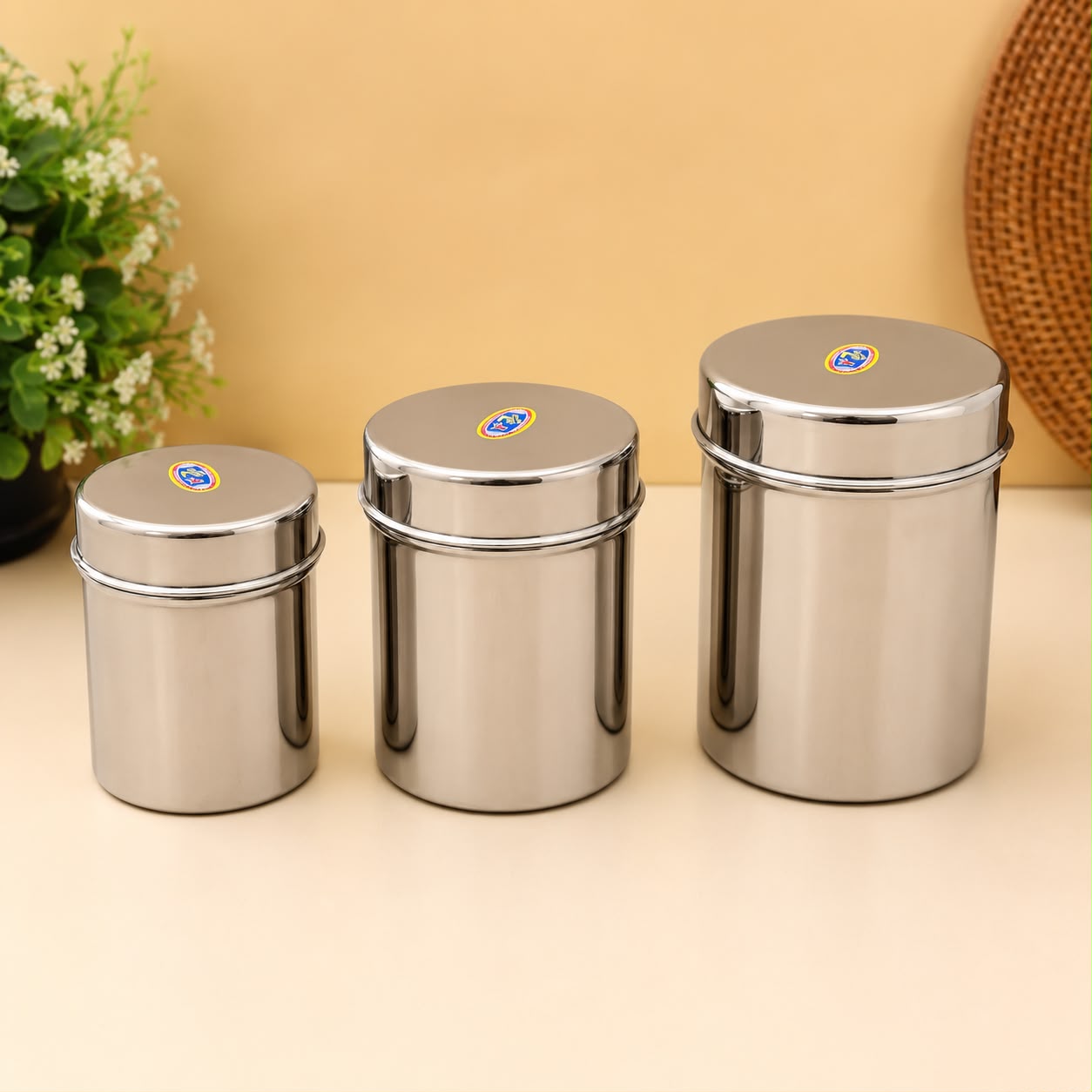 * File Name: stainless-steel-kitchen-canister-set-of-3.jpg
* Alt Text: Stainless steel kitchen storage canister set of three different sizes for pantry and kitchen organization.