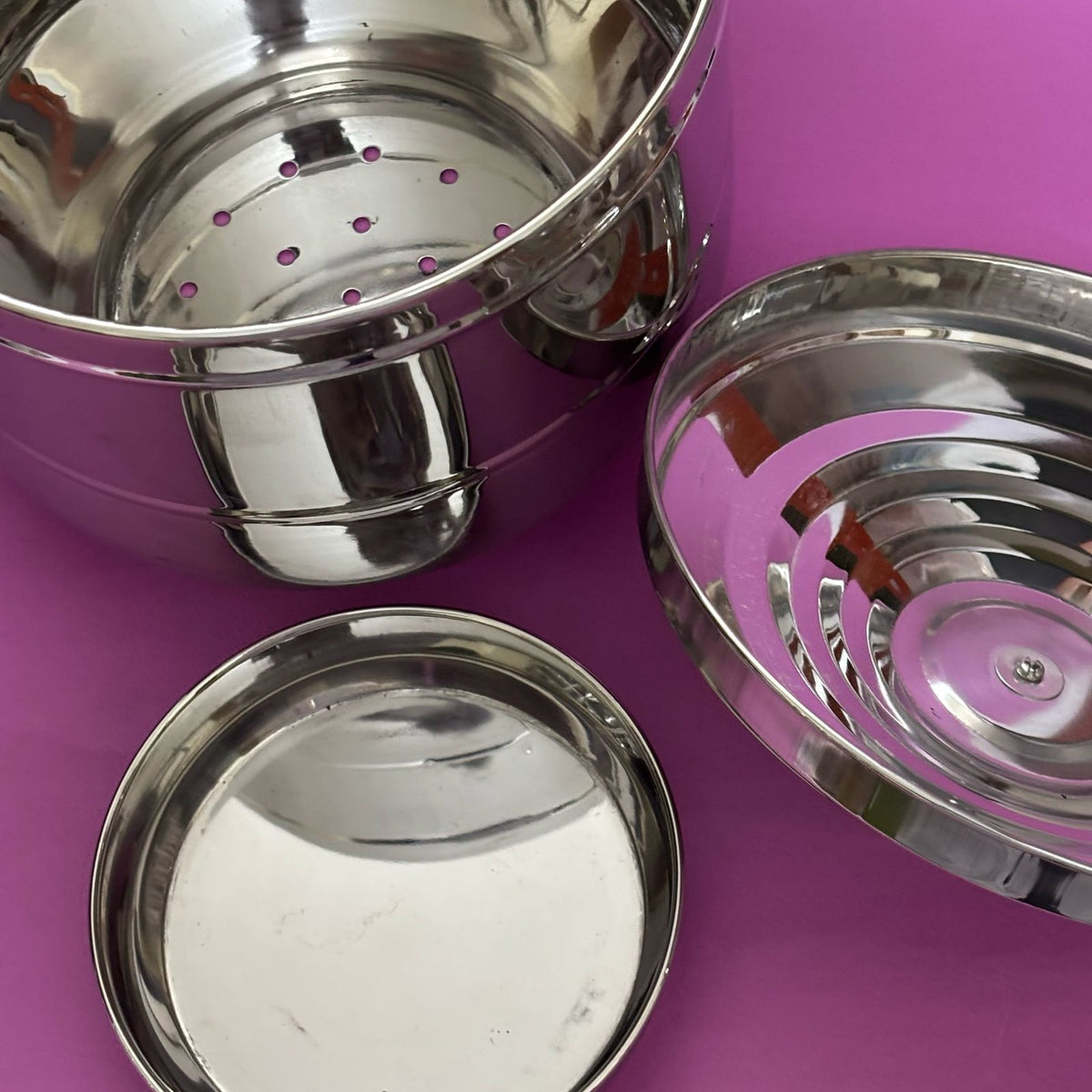 Appalam Strainer & Storage Container – three parts: lower oil-drain cup, central container and top lid