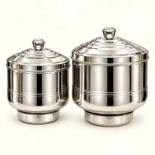 Annam's Appalam Strainer & Storage Container in stainless steel – small 7 inch and large 8 inch sizes