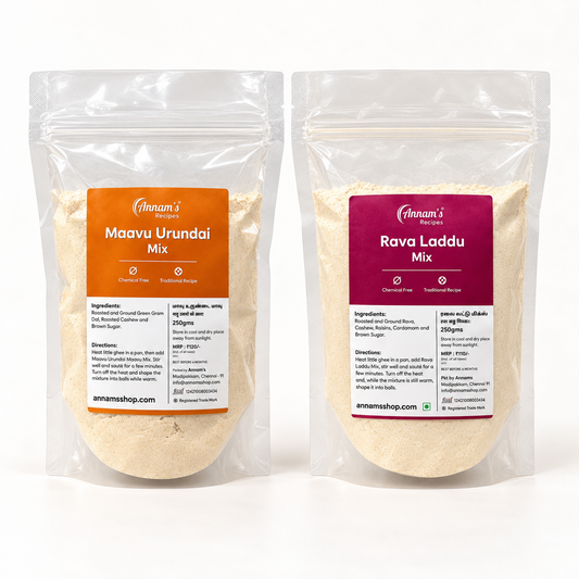 Annam's Diwali Sweet Combo – two packs: Rava Laddu Mix and Maavu Urundai Mix, 250 g each