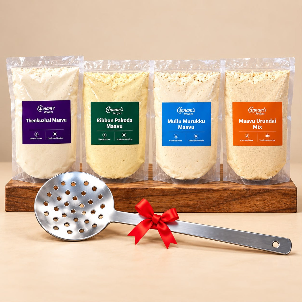 Annam's Festival Season Combo – Thenkuzhal Maavu, Ribbon Pakoda Maavu, Mullu Murukku Flour and Maavu Urundai Mix, with a free Jarani skimmer