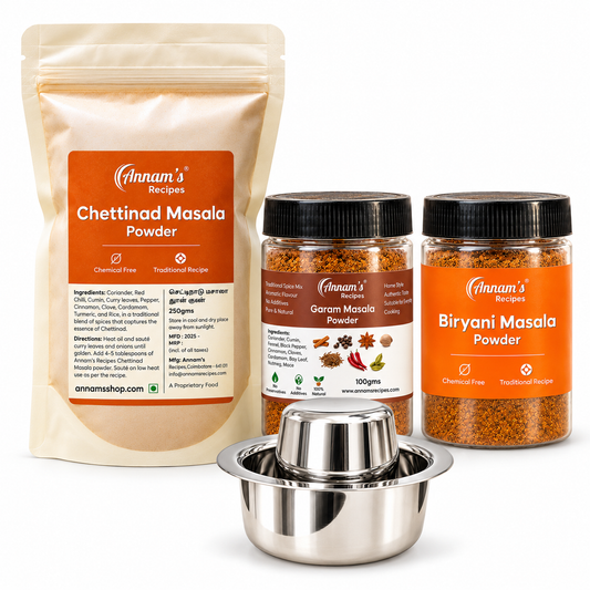 Annam's Festive Feast Masala Combo – three masala packs with the free Salem stainless steel dabara and tumbler set
