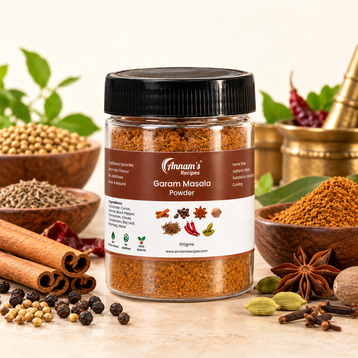 Annam's traditional Garam Masala Powder (Garam Masala Podi) – 100g pack with whole spices around it