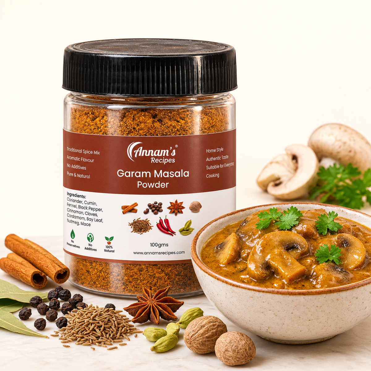 Annam's traditional Garam Masala Powder (Garam Masala Podi) with mushroom masala made using it