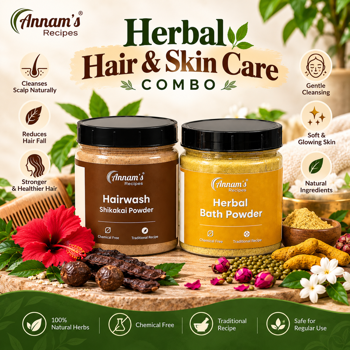 Annam's Herbal Hair and Skin Care Combo Shikakai Plus Bath Powder – two packs with ingredients