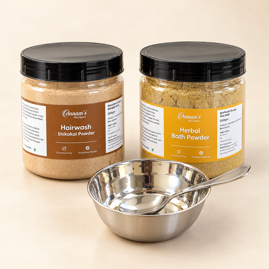 Annam's Herbal Hair and Skin Care Combo Shikakai Plus Bath Powder – two 200 g packs with a free Salem stainless steel mixing bowl and spoon