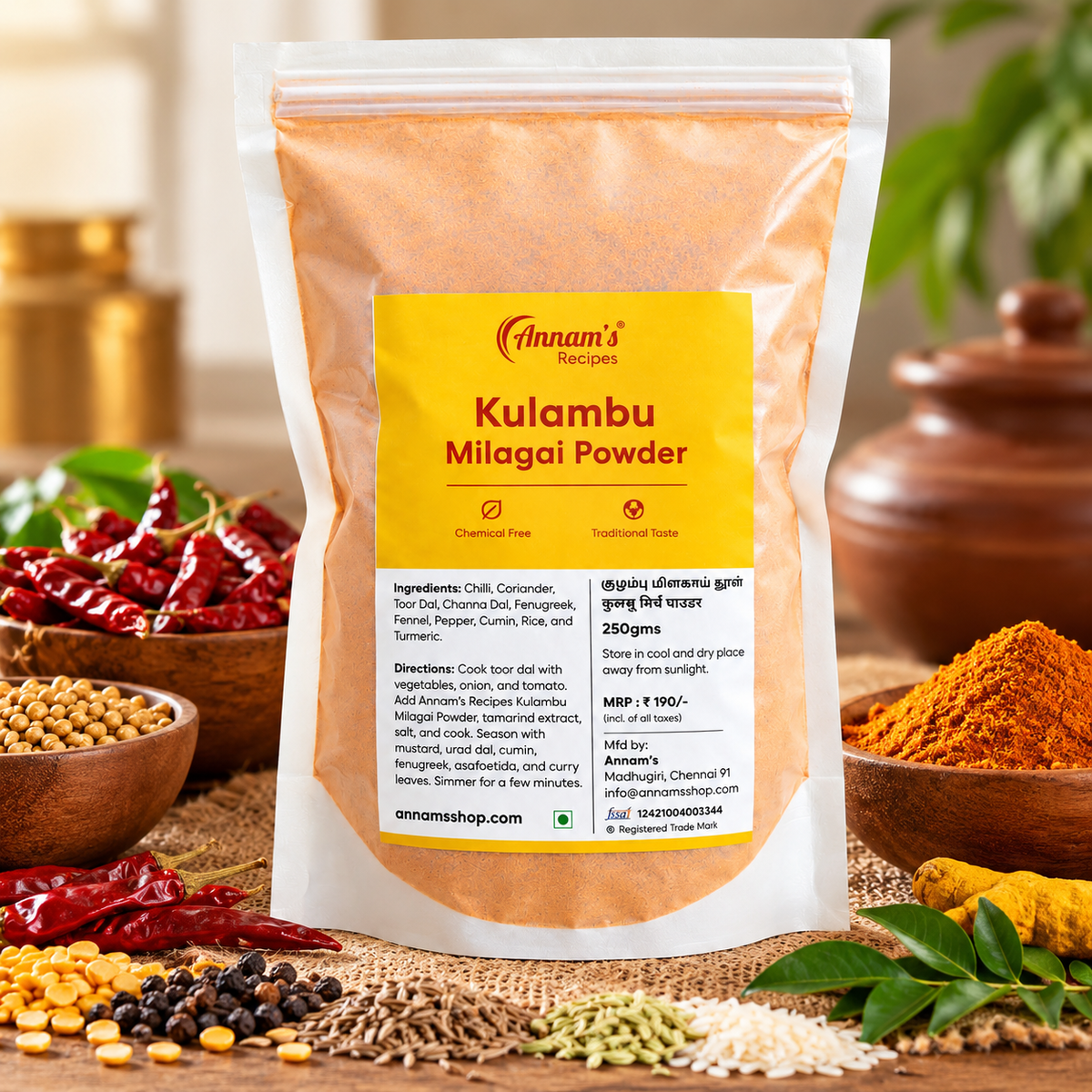 Annam's Kulambu Chilli Powder (Kulambu Milagai Thool) – 250 g pack with ingredients