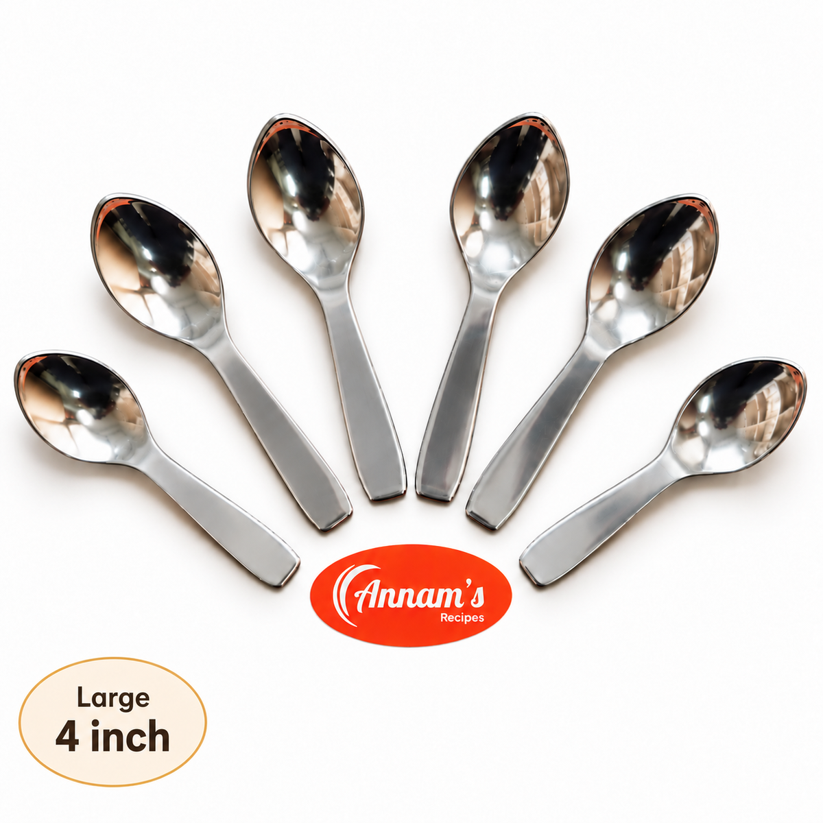 Annam's Masala Spoon in stainless steel – Plain, set of 6, Large 4 inch