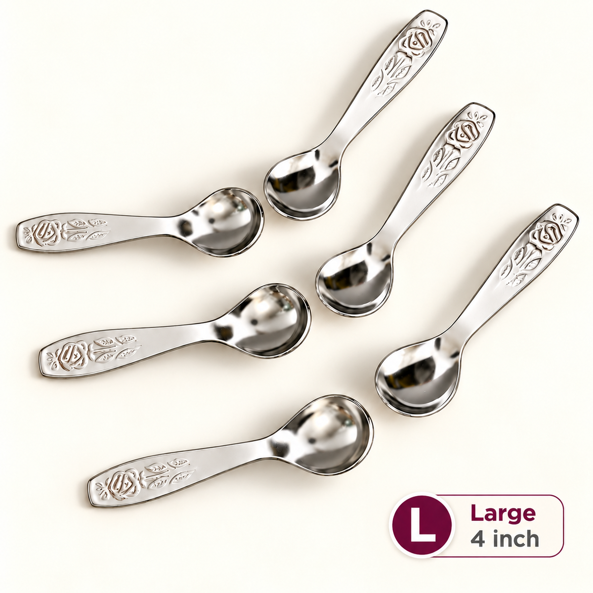 Annam's Masala Spoon in stainless steel – Rose design, set of 6, Large 4 inch