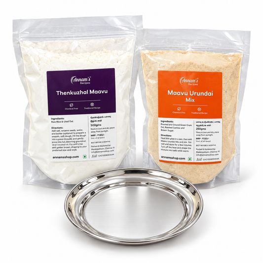 Annam's Mini Diwali Combo – Thenkuzhal Maavu and Maavu Urundai Mix with a free 6 inch Salem stainless steel snack plate