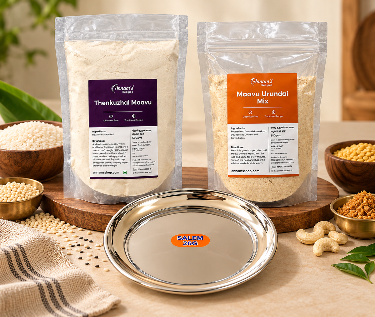 Annam's Mini Diwali Combo – Thenkuzhal Maavu, Maavu Urundai Mix and a free 6 inch snack plate