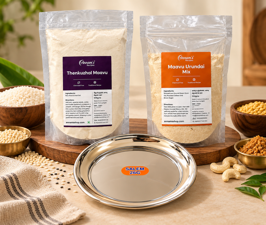 Annam's Mini Diwali Combo – Thenkuzhal Maavu, Maavu Urundai Mix and a free 6 inch snack plate